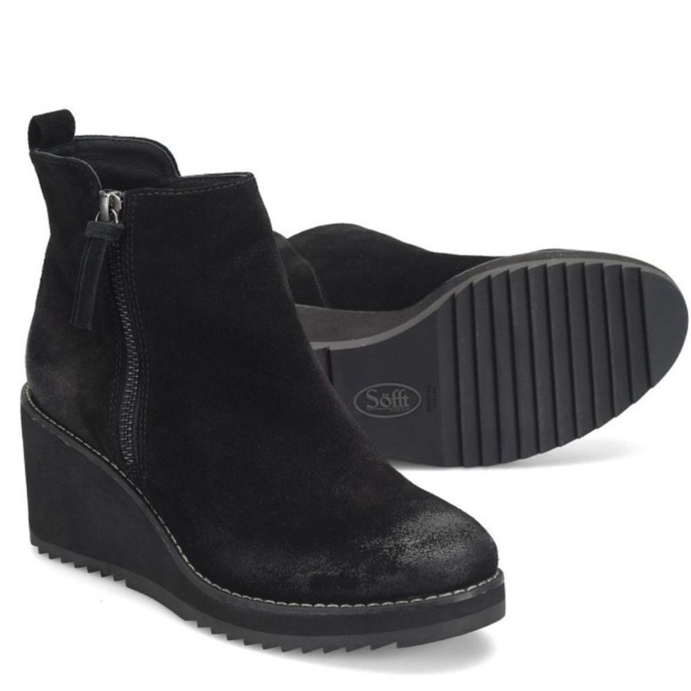 Sofft Black Suede Emeline Ankle Boots Waterproof Wedge Booties New US 7.5